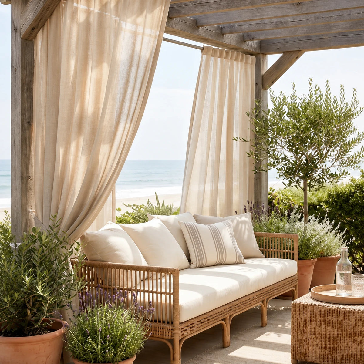 Natural sand-colored Sunbrella sheer outdoor curtains on a beachfront pergola with rattan daybed and lavender planters — custom curtains for patio