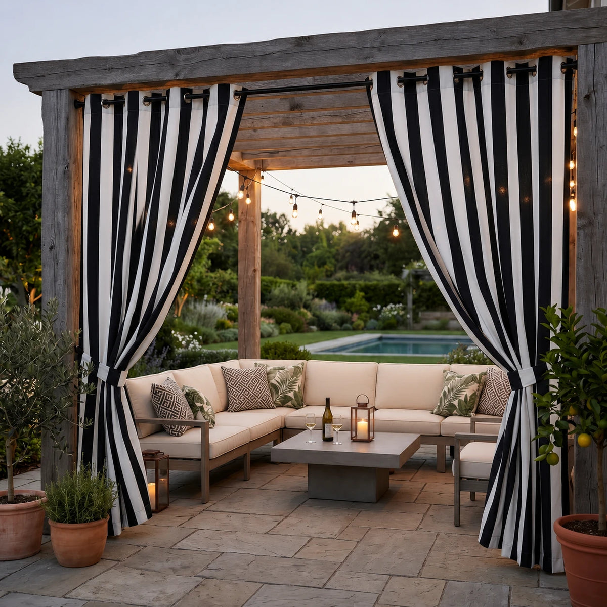 Black and white striped Sunbrella outdoor curtains with tieback on a wood pergola at dusk — custom patio curtains with pool view by ZIPCovers