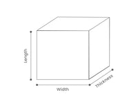 A simple line drawing of a cube with labeled dimensions for length, width, and thickness on a white background.