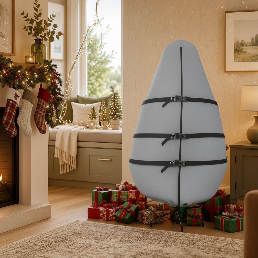 A light gray Christmas tree cover with black straps and a black stand, shown standing in a cozy, modern living room next to a window and fireplace. - view 3