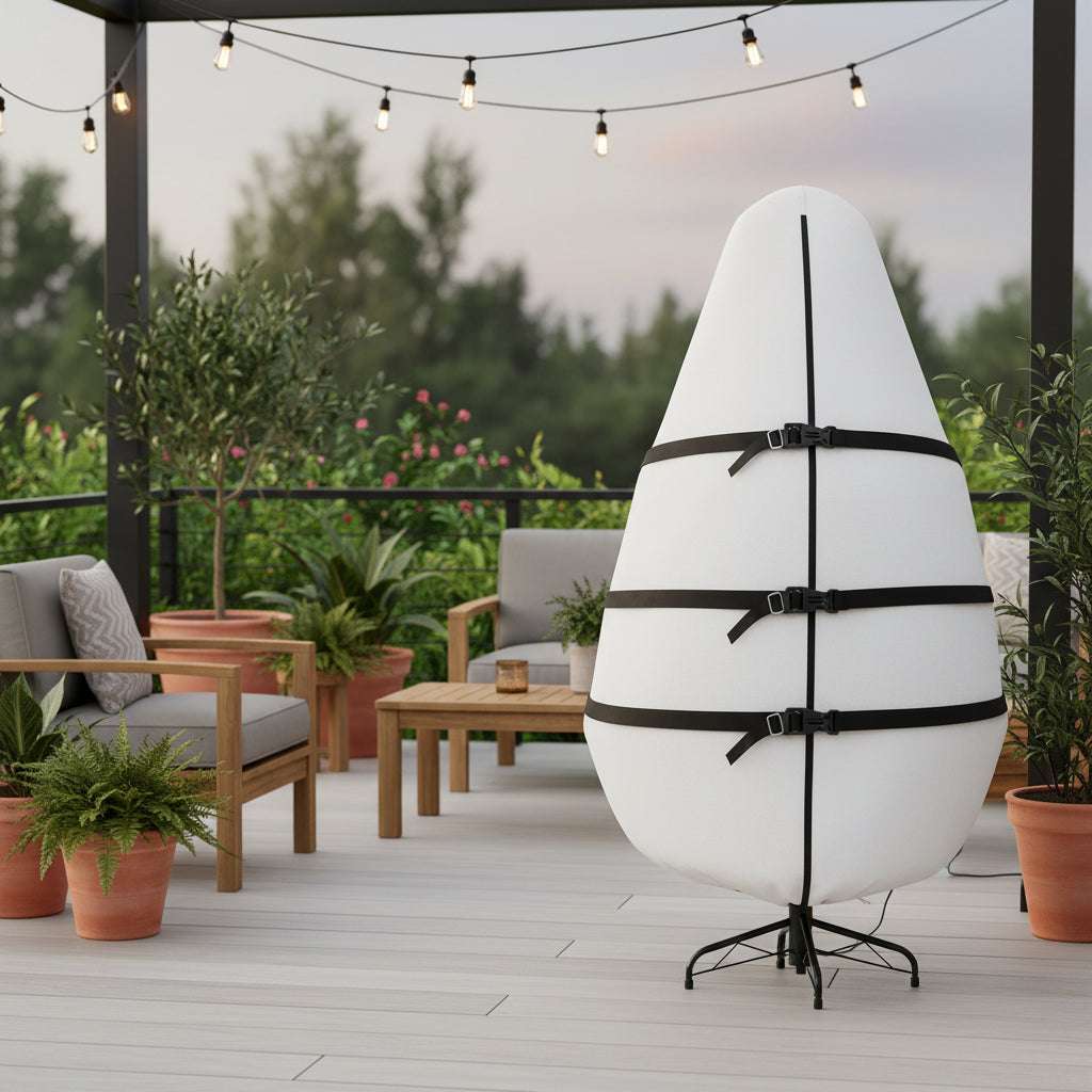 A large white teardrop-shaped light modifier or studio diffuser with black straps and a black stand, set in a modern, cozy living room next to a window and fireplace.