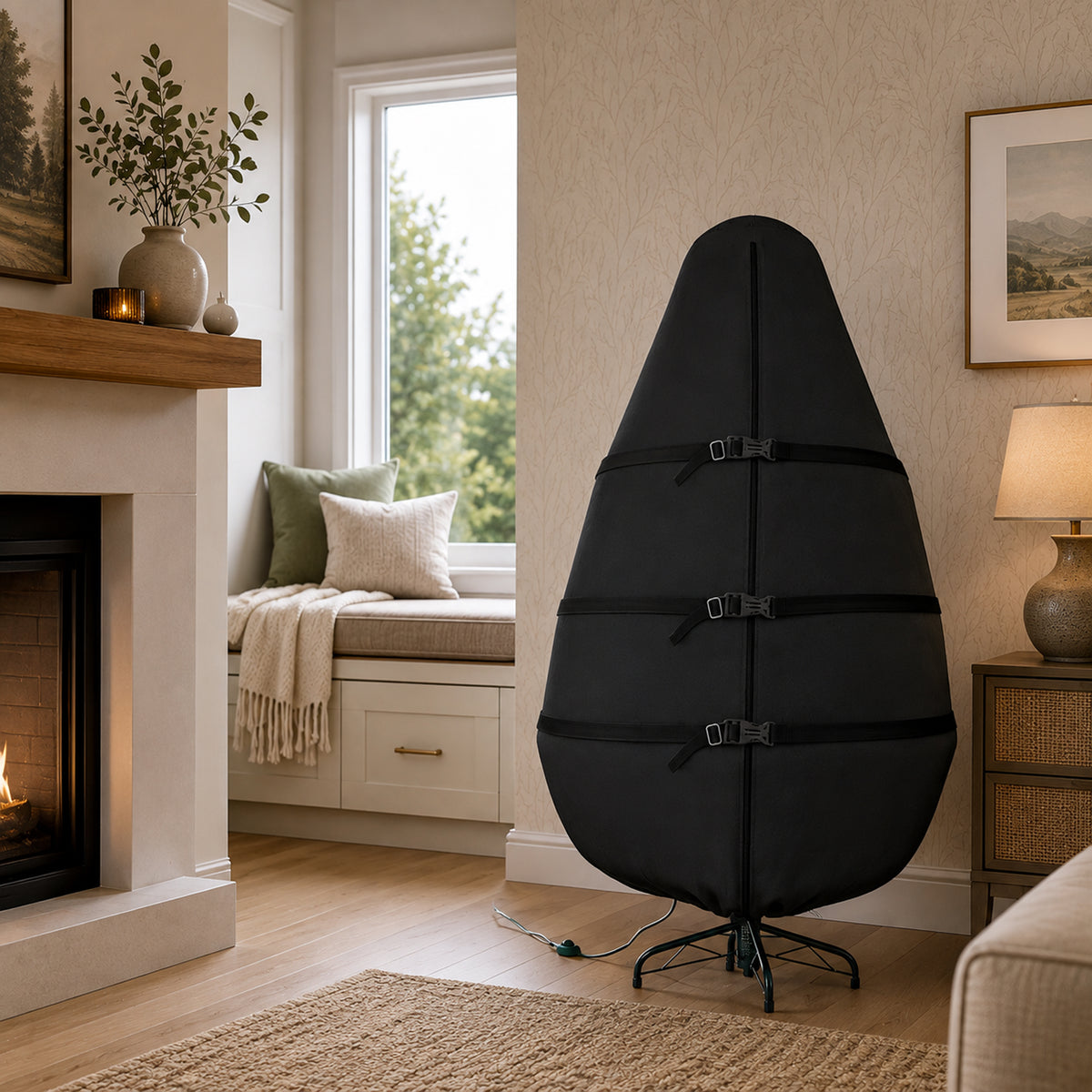 A large black teardrop-shaped portable speaker enclosure or speaker stand with multiple black straps and buckles, displayed in a cozy, modern living room next to a fireplace and window. - view 4