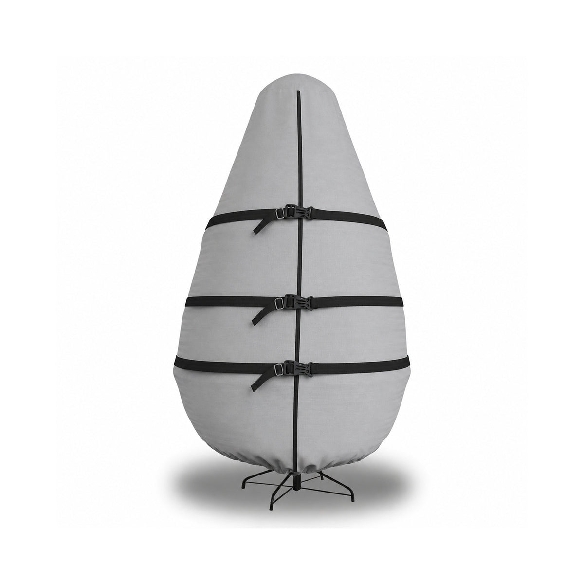 A light gray inflatable Christmas tree cover with black straps and buckles, displayed on a black metal stand against a white background. - view 2