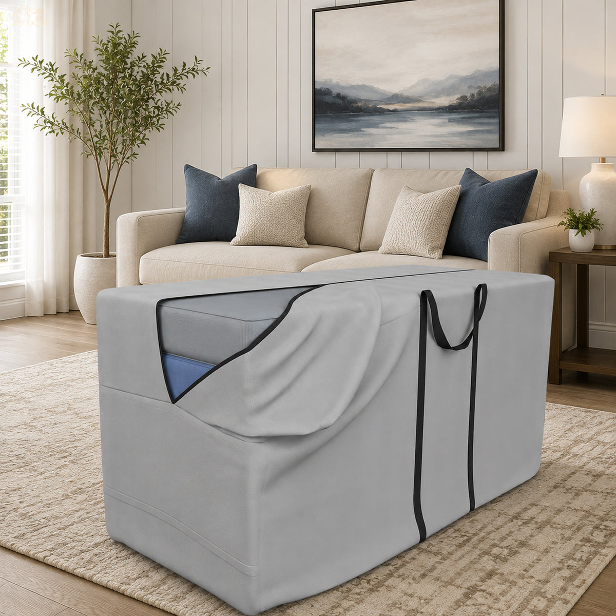 A light gray fabric storage ottoman cover with black trim and handles, shown in a staged living room setting with a sofa, pillows, rug, and wall art in the background.