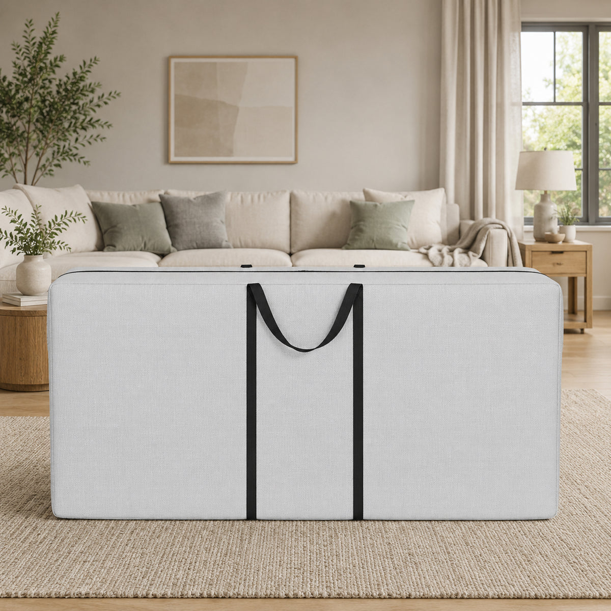 A large white storage ottoman or bench with black carry handles, placed in a bright, modern living room in front of a beige sofa. - view 4
