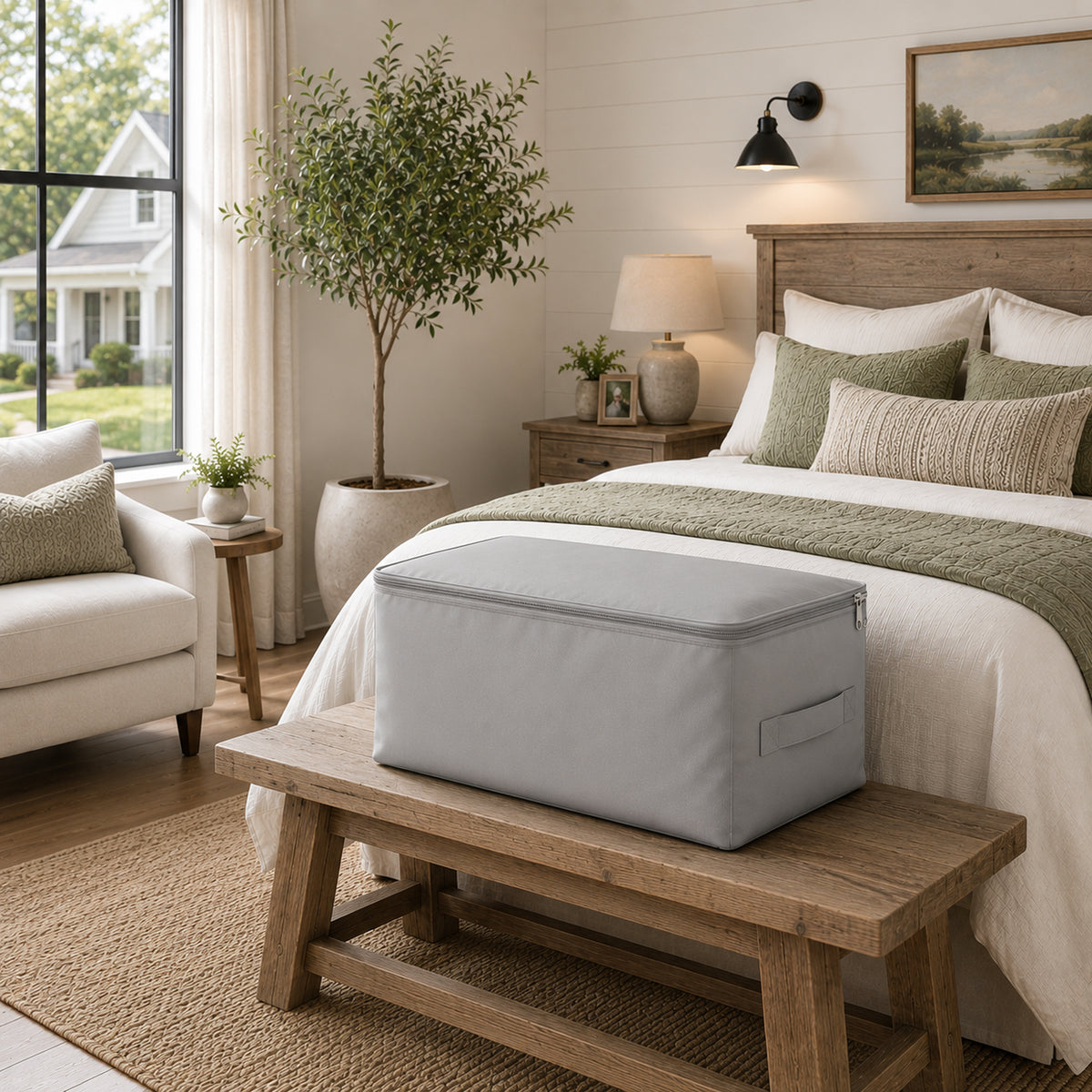 A light gray fabric storage bin with a zipper closure sits on a rustic wooden bench in a styled bedroom setting. - view 3