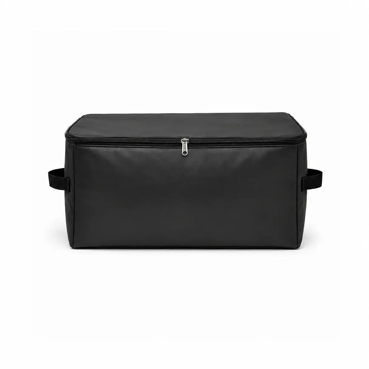 A black rectangular zippered storage bag with two side handles and a silver zipper pull, shown on a plain white background. - view 2