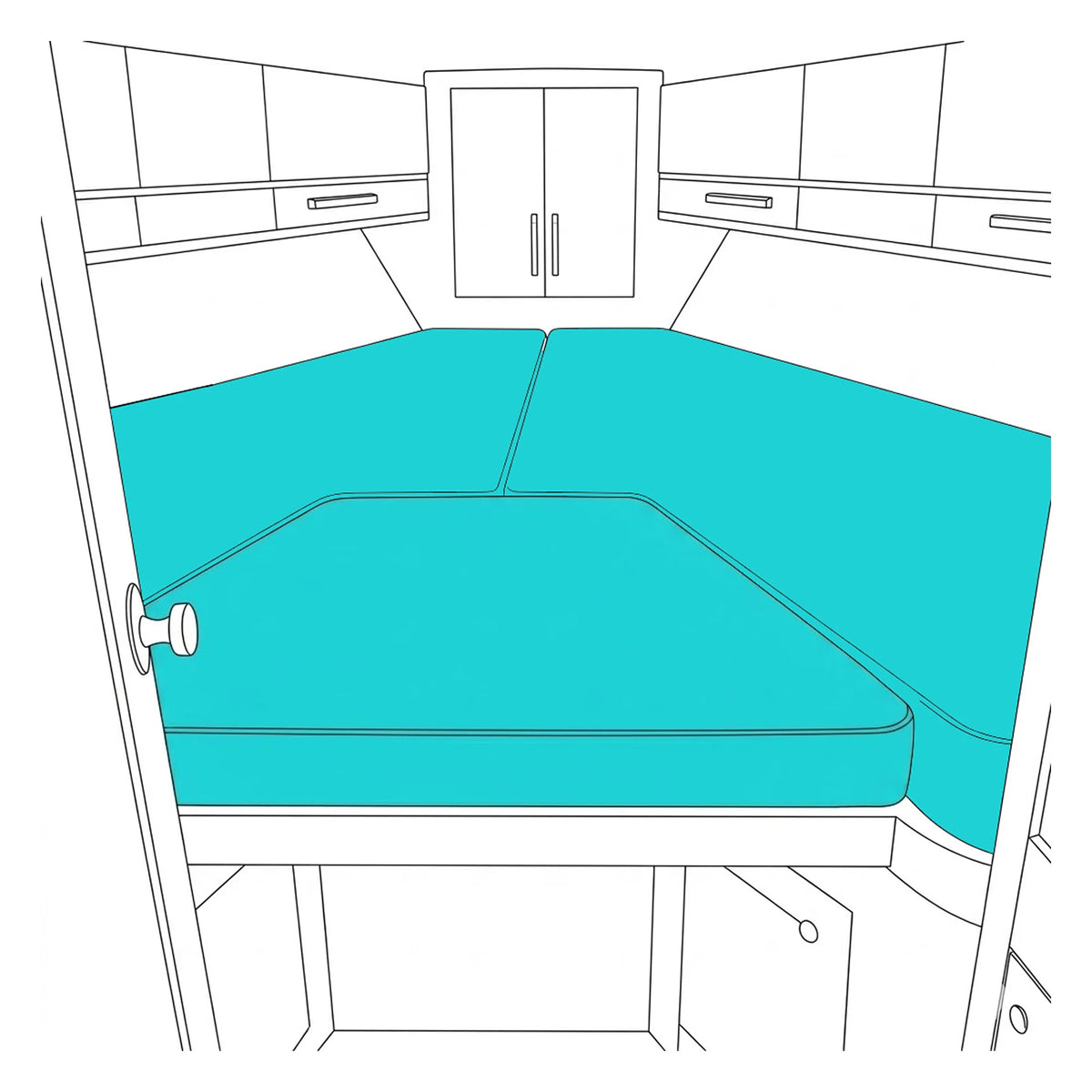 A line drawing showing a U-shaped upholstered bench seat or bed area inside a compact interior, with the seat cushions highlighted in bright aqua. This appears to be an explanatory product diagram rather than a photographic product shot.