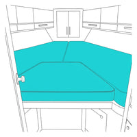 A line drawing showing a U-shaped upholstered bench seat or bed area inside a compact interior, with the seat cushions highlighted in bright aqua. This appears to be an explanatory product diagram rather than a photographic product shot.