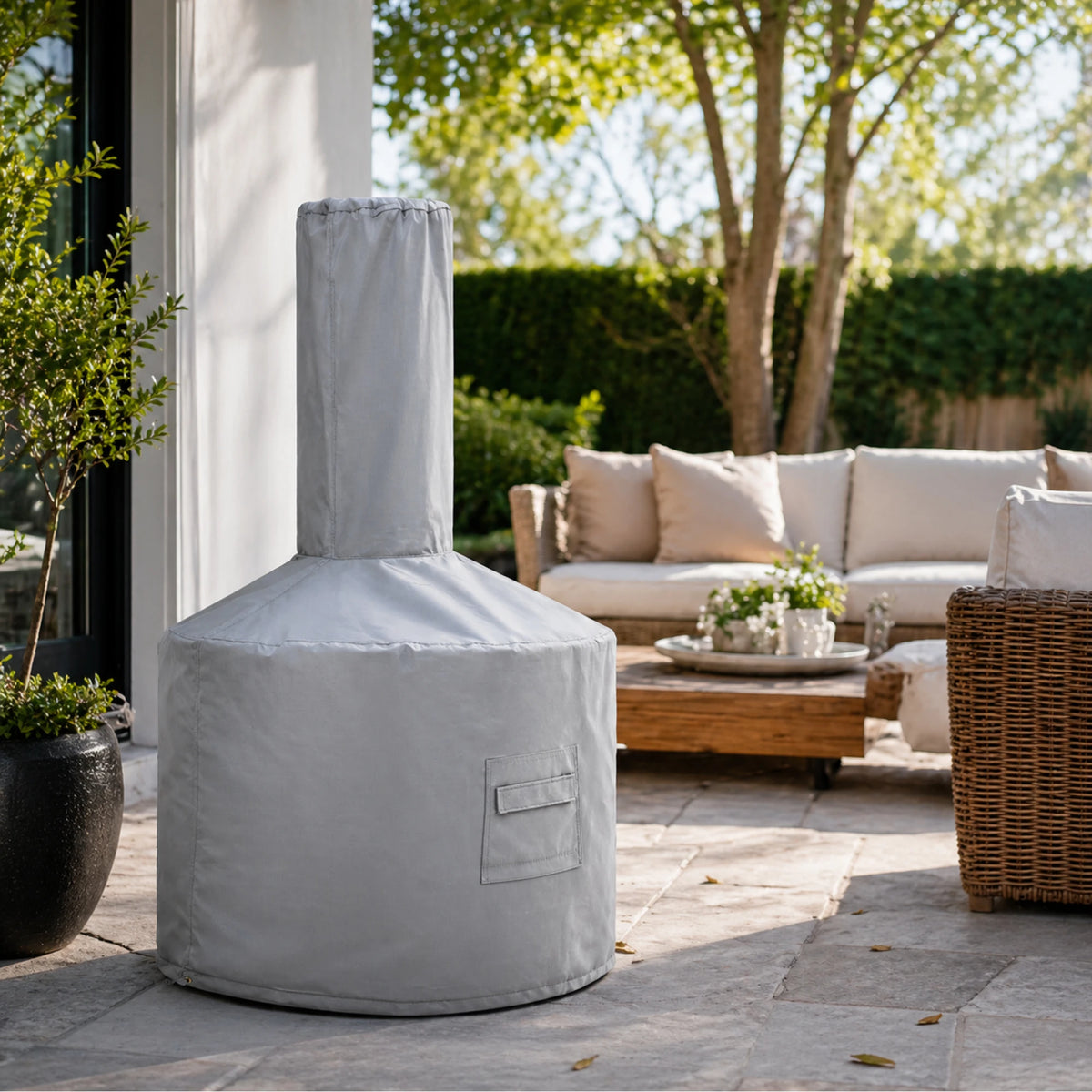 Custom Modern Chiminea Cover in light gray, shown on a stone patio next to outdoor lounge furniture and greenery