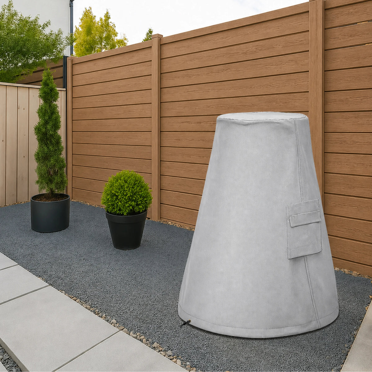 Custom Tapered Modern Chiminea Cover in light gray, shown outdoors in a contemporary backyard setting