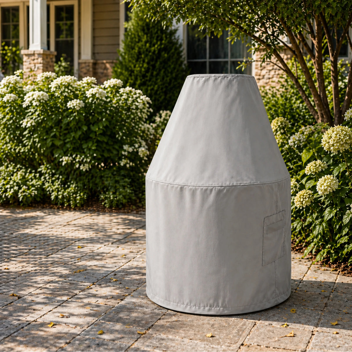 Custom Traditional Round Chiminea Cover in light gray, shown on a stone patio surrounded by lush garden greenery