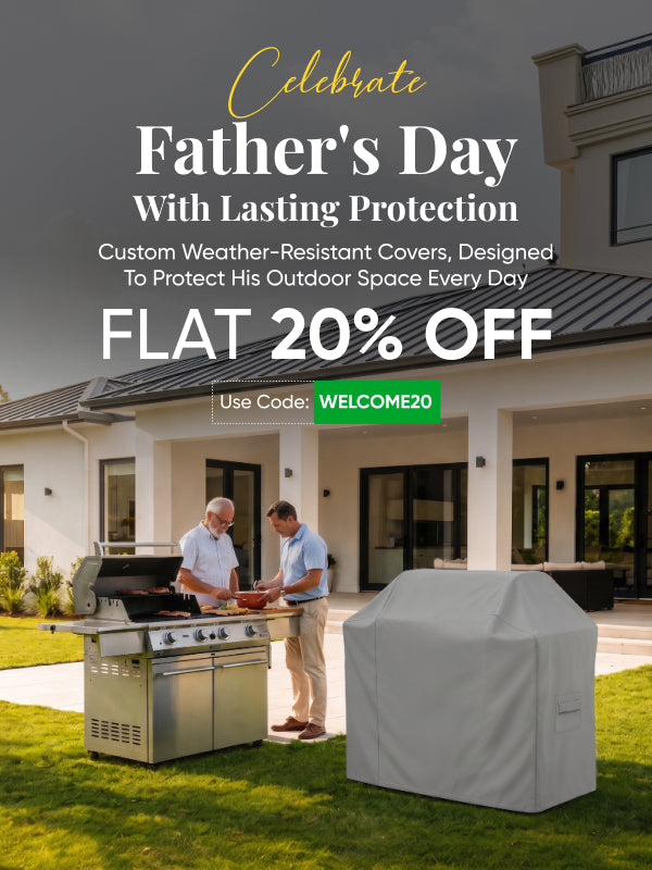 ZIPCovers Father’s Day mobile banner with backyard grill scene, outdoor cover, and 20% off weather-resistant protection.