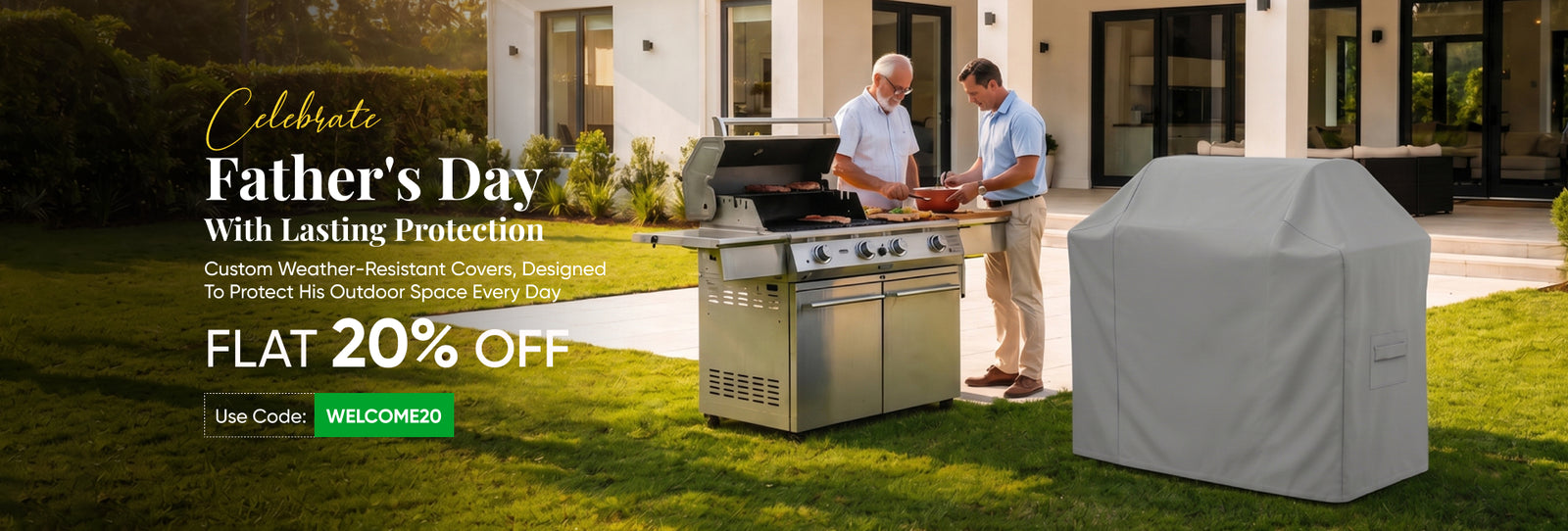 ZIPCovers Father’s Day banner with backyard grill scene, outdoor cover, and 20% off weather-resistant protection.