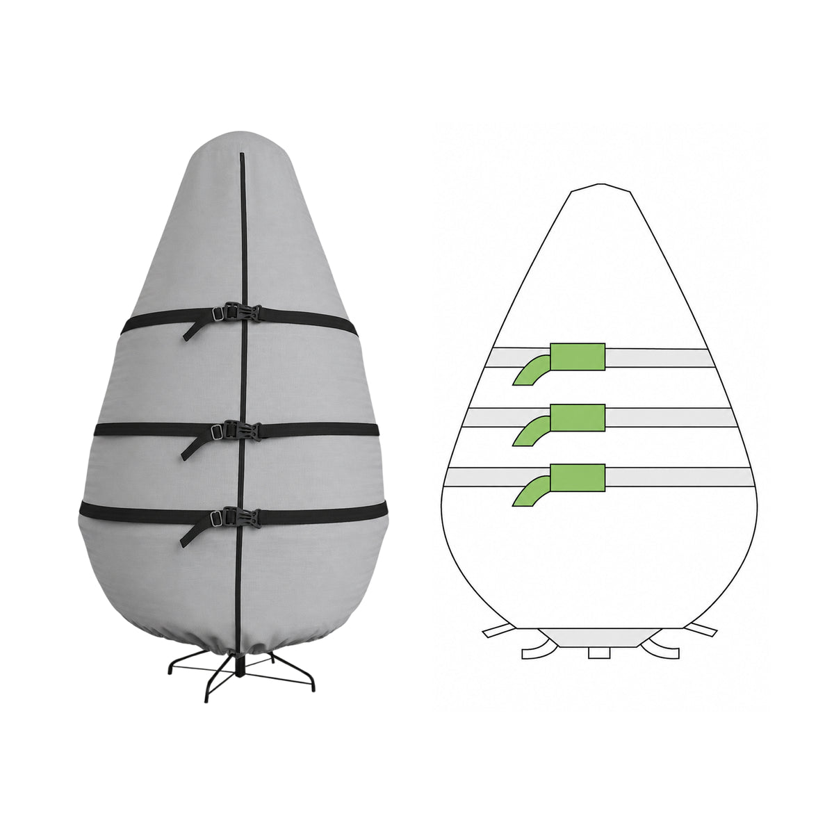 A gray inflatable tent or sleeping bag style inflatable product shown on a stand, with a side diagram to the right illustrating the internal compartment layout and green air valve details. - view 5