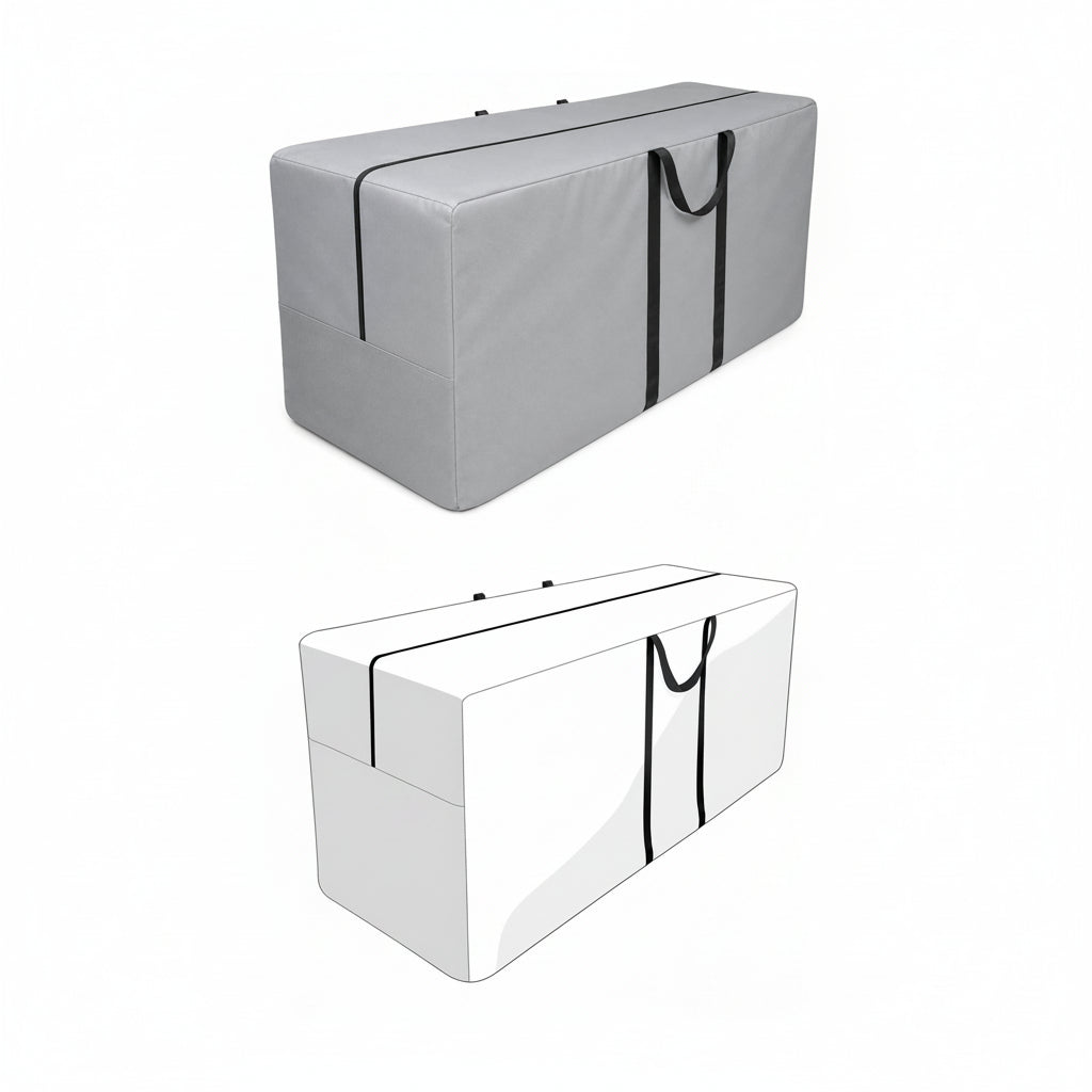 A gray rectangular storage or travel duffel bag shown from two angles on a white background, with black handles and zipper details. The top view shows the bag fully colored gray, while the bottom view is a simplified white line drawing with a green highlight on the side. - view 5