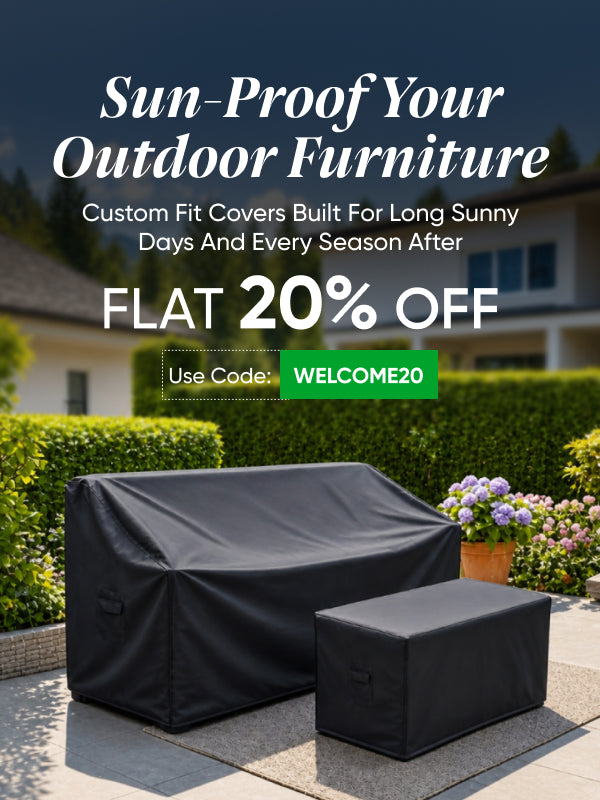 Custom outdoor furniture covers in black on a patio sofa and table