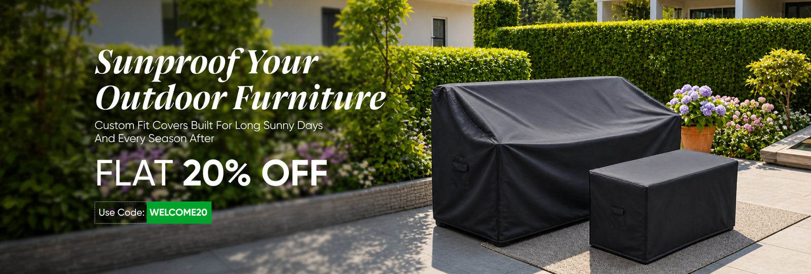 Custom outdoor furniture covers in black on a patio sofa and table
