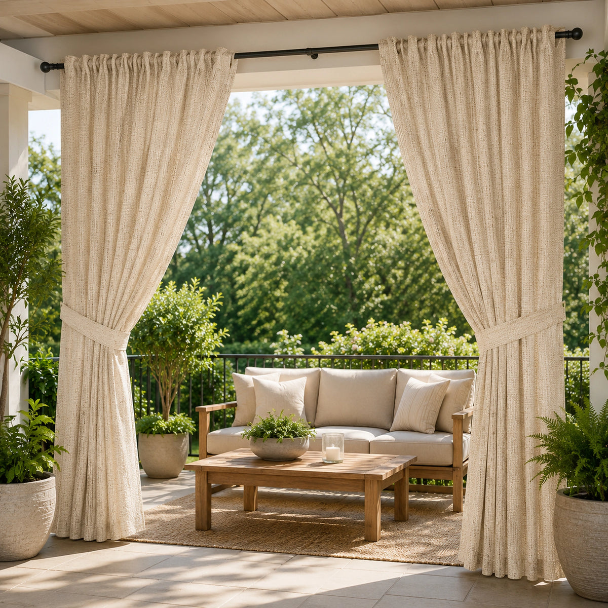 A pair of textured cream-beige patio curtains hanging on a black rod over an open porch, framing a furnished outdoor seating area with a wooden coffee table, sofa, and potted plants.
