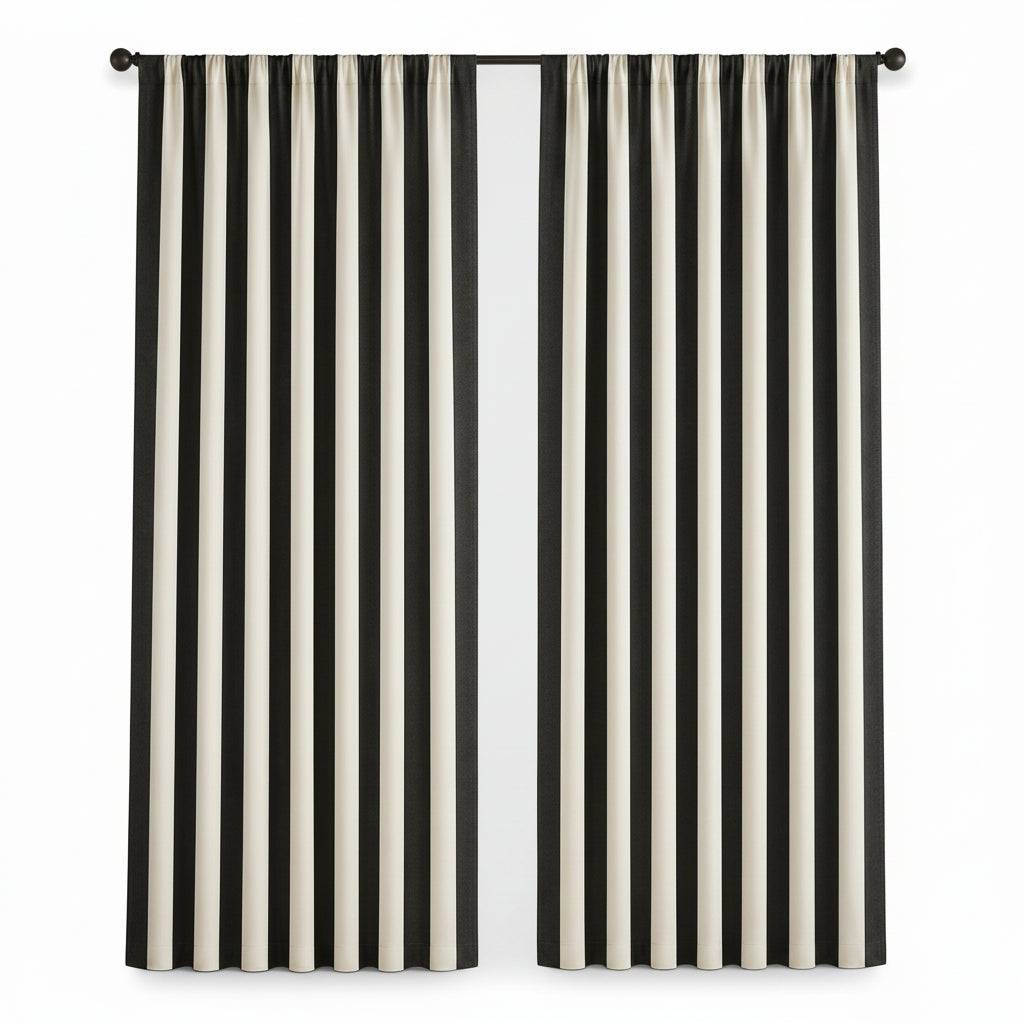 Black and off-white striped curtain panels hanging on a black rod in a bright room with a window, side table, and framed wall art.