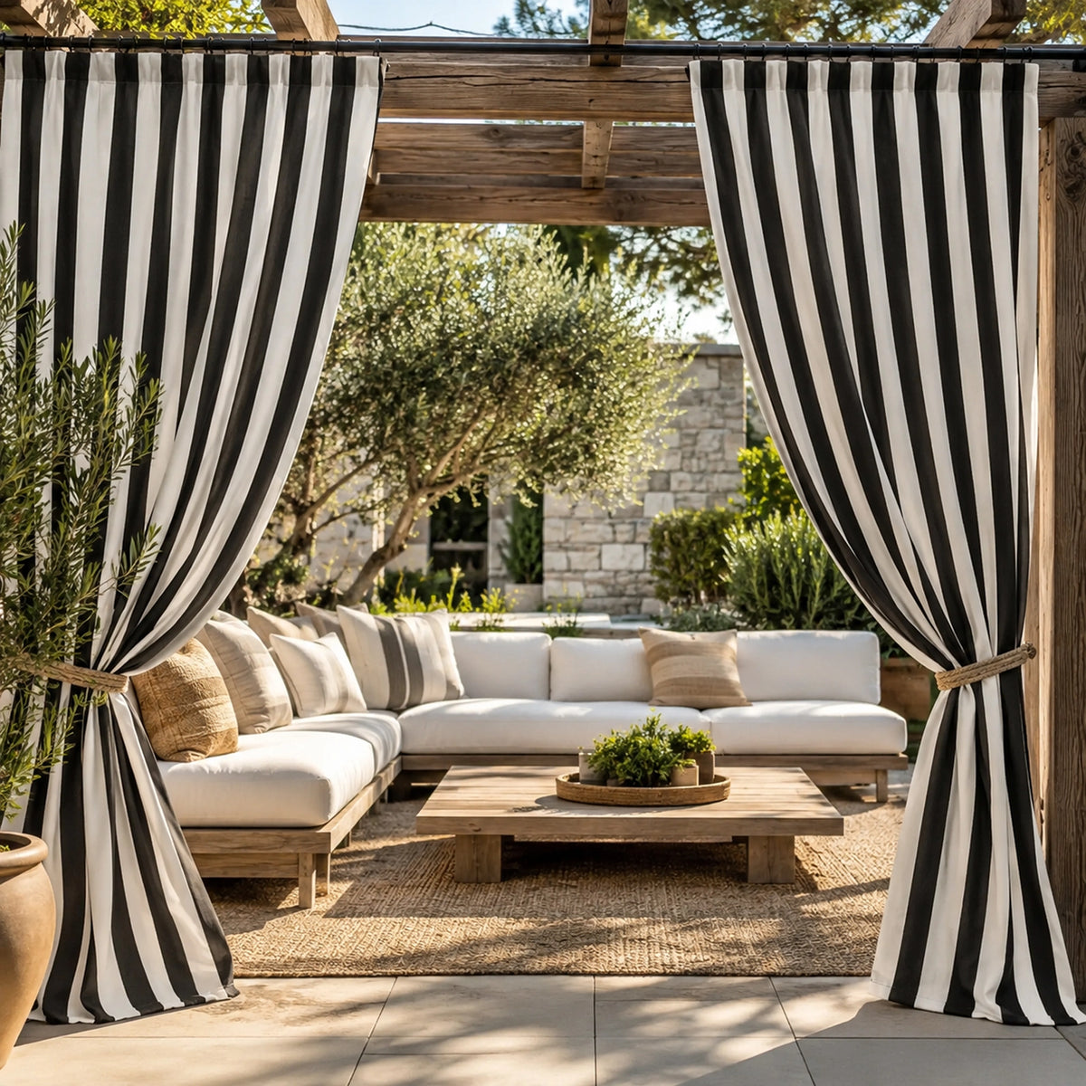 Black and white vertically striped patio curtains hanging on a wooden pergola frame over a modern outdoor sectional sofa in a garden setting.