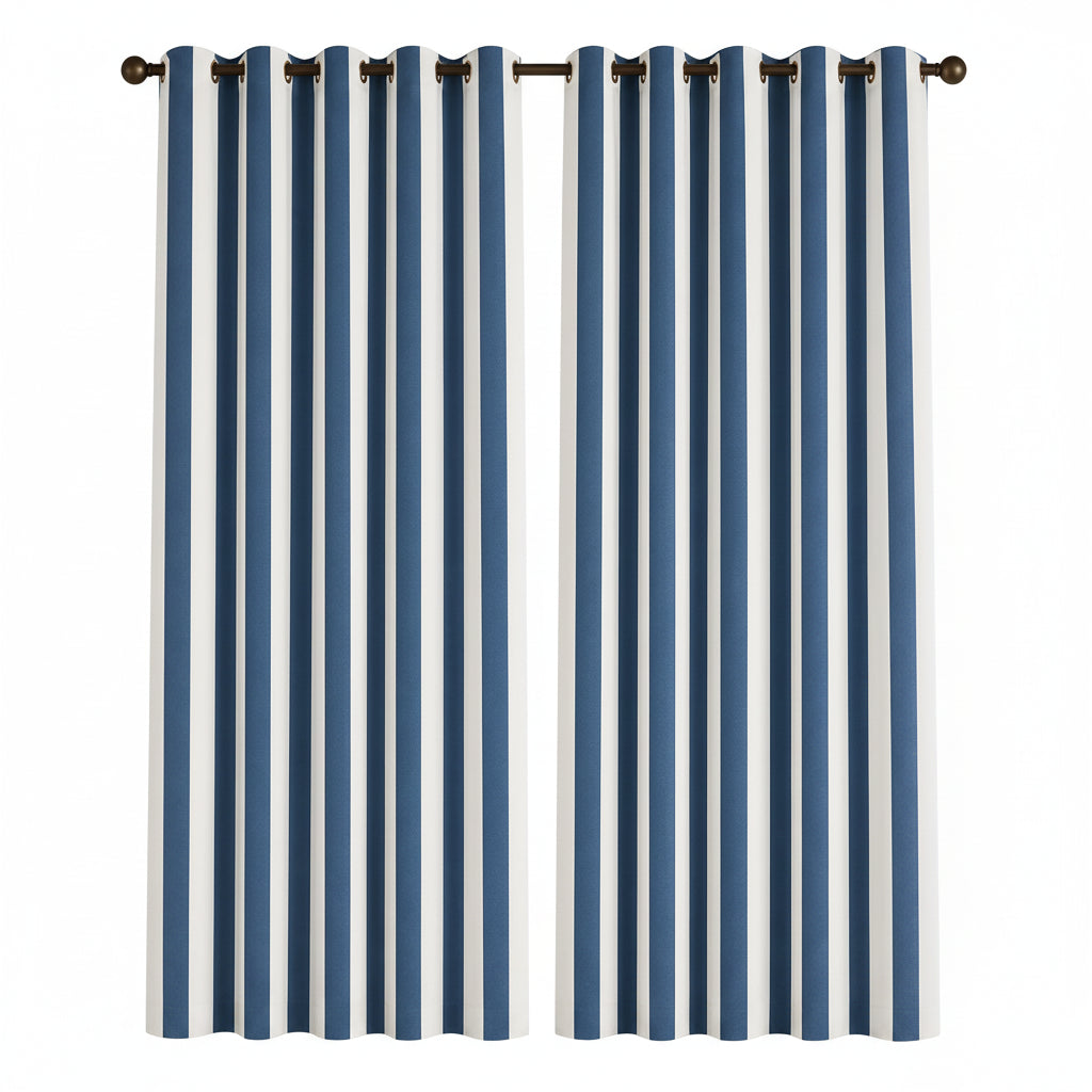 A pair of grommet curtains with vertical blue and white stripes hanging on a dark metal rod against a plain off-white wall.