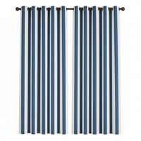 A pair of grommet curtains with vertical blue and white stripes hanging on a dark metal rod against a plain off-white wall.