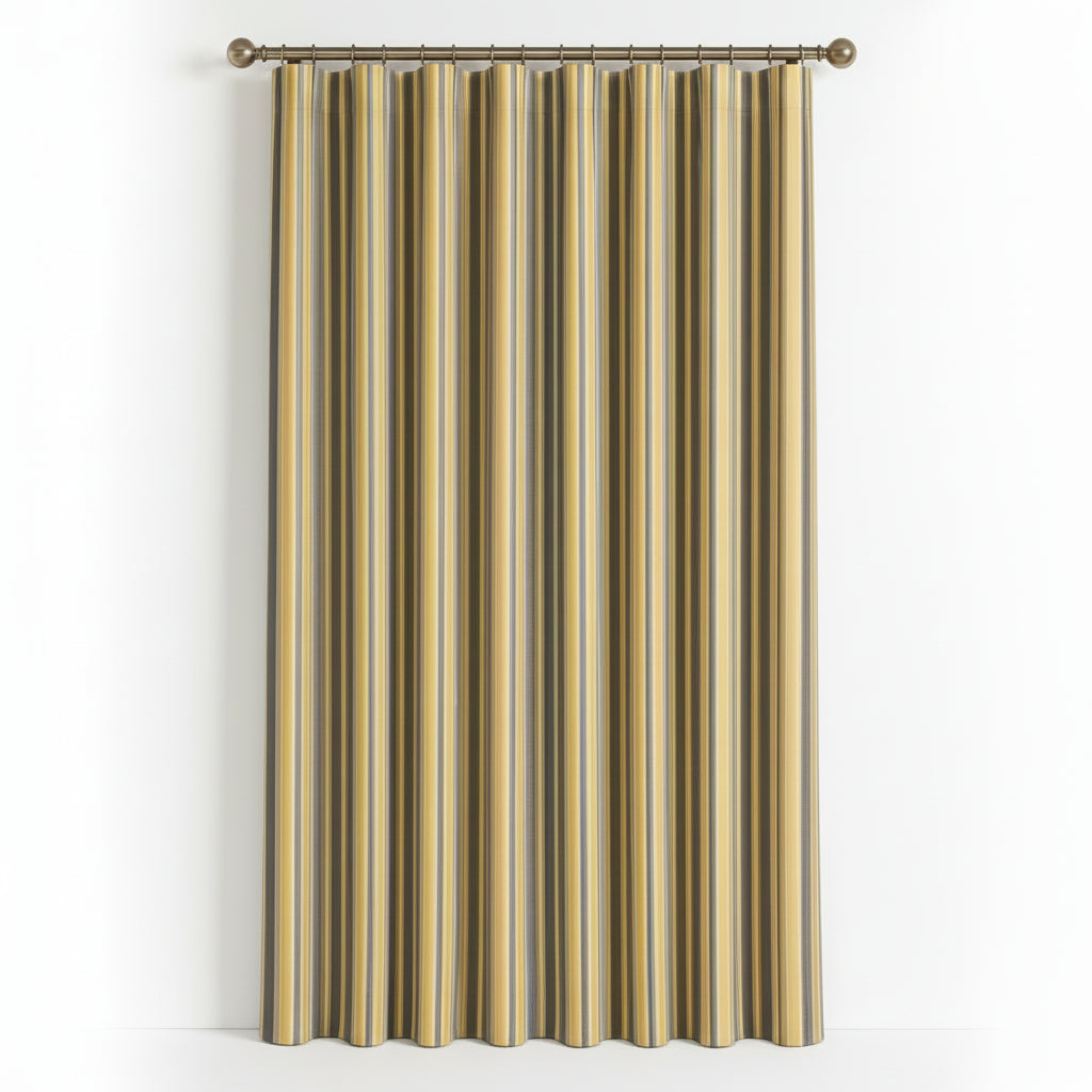 A single long curtain panel hanging from a metal rod in a bright room. The curtain has vertical stripes in yellow, gray, and brown, with a rod and matching finials.