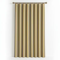 A single long curtain panel hanging from a metal rod in a bright room. The curtain has vertical stripes in yellow, gray, and brown, with a rod and matching finials.