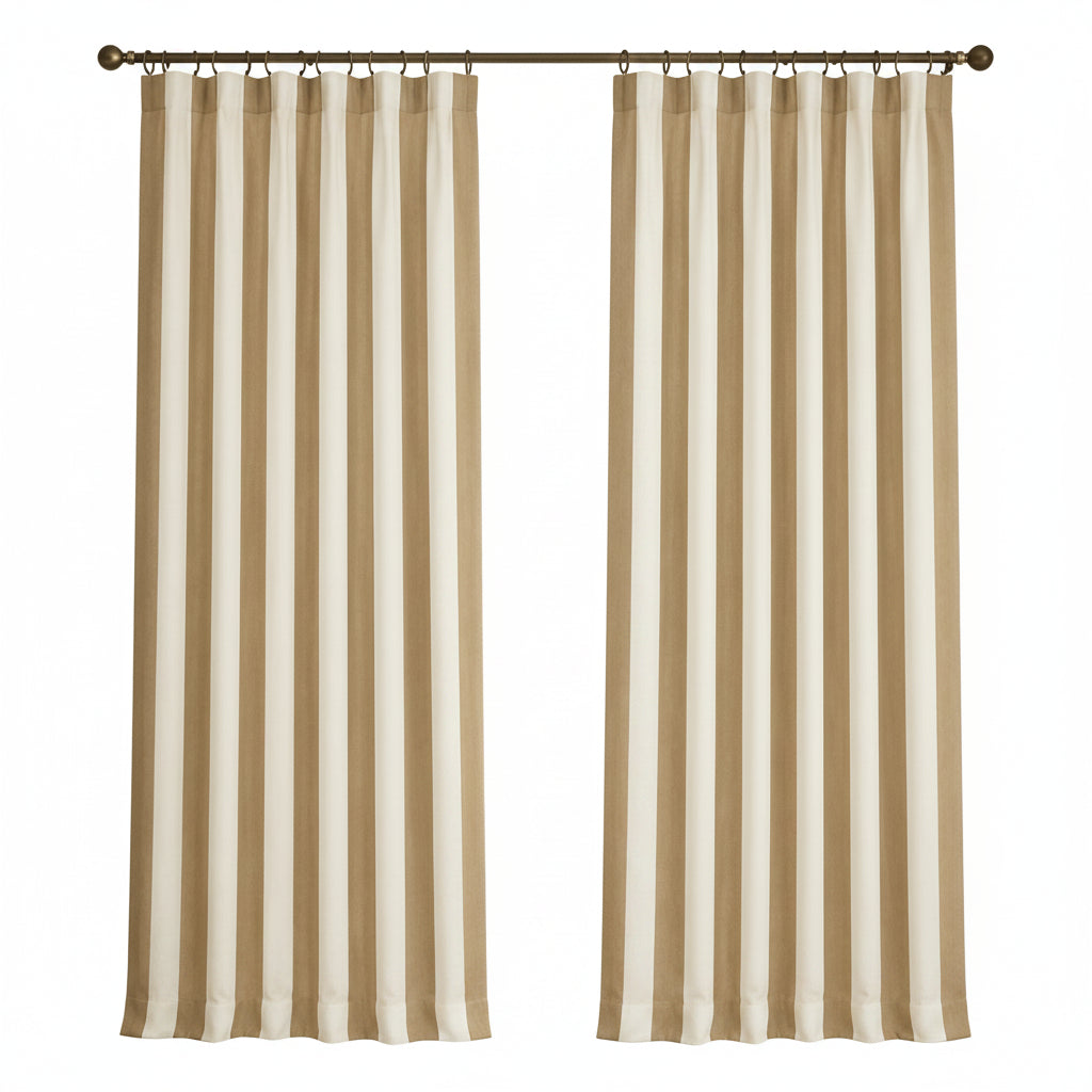 A pair of floor-length curtain panels with vertical stripes in beige and off-white, hanging from a dark metal rod in a bright room with a window, wood cabinet, and framed wall art.