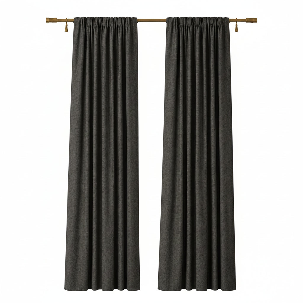 A pair of dark charcoal gray curtain panels hanging from a gold curtain rod against a plain beige wall.