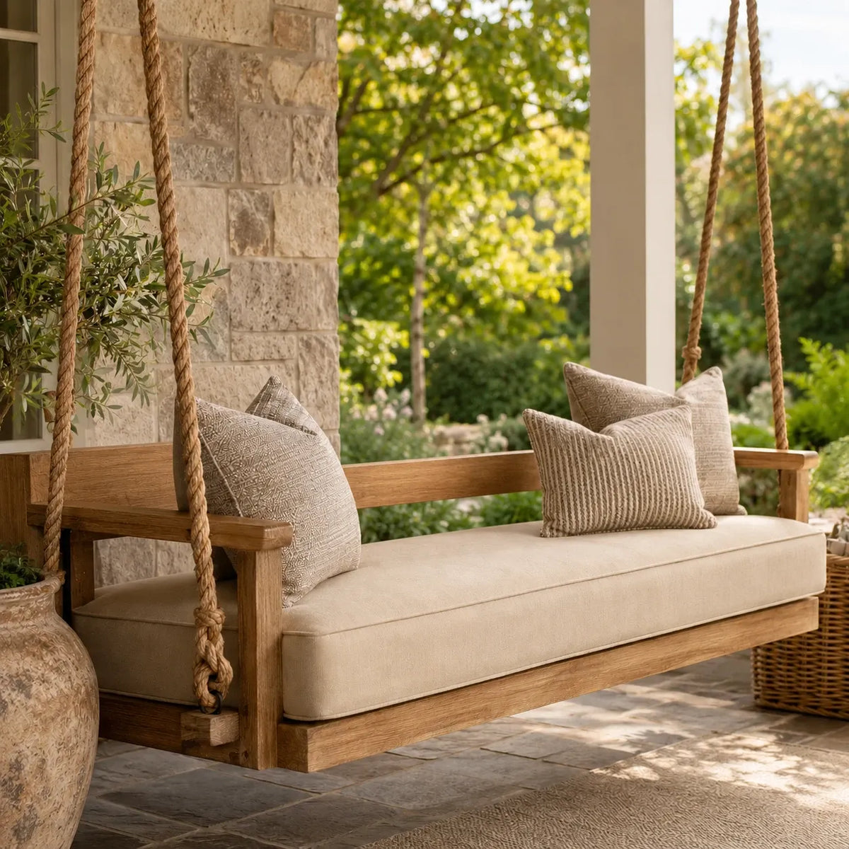 A wooden porch swing daybed with thick rope suspension, upholstered in beige cushions, and styled with three textured throw pillows on a stone porch with a garden background.