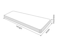 Diagram of a mattress showing measurements for length, width, and thickness.