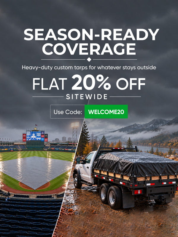 ZIPCovers banner heavy-duty tarps: gray tarp on a sports field, blue on a construction site, black securing a heavy load