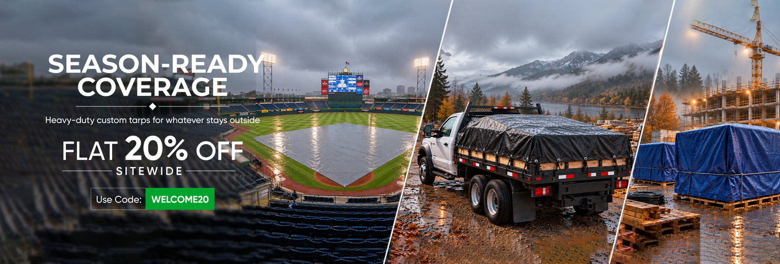 ZIPCovers banner heavy-duty tarps: gray tarp on a sports field, blue on a construction site, black securing a heavy load - desktop