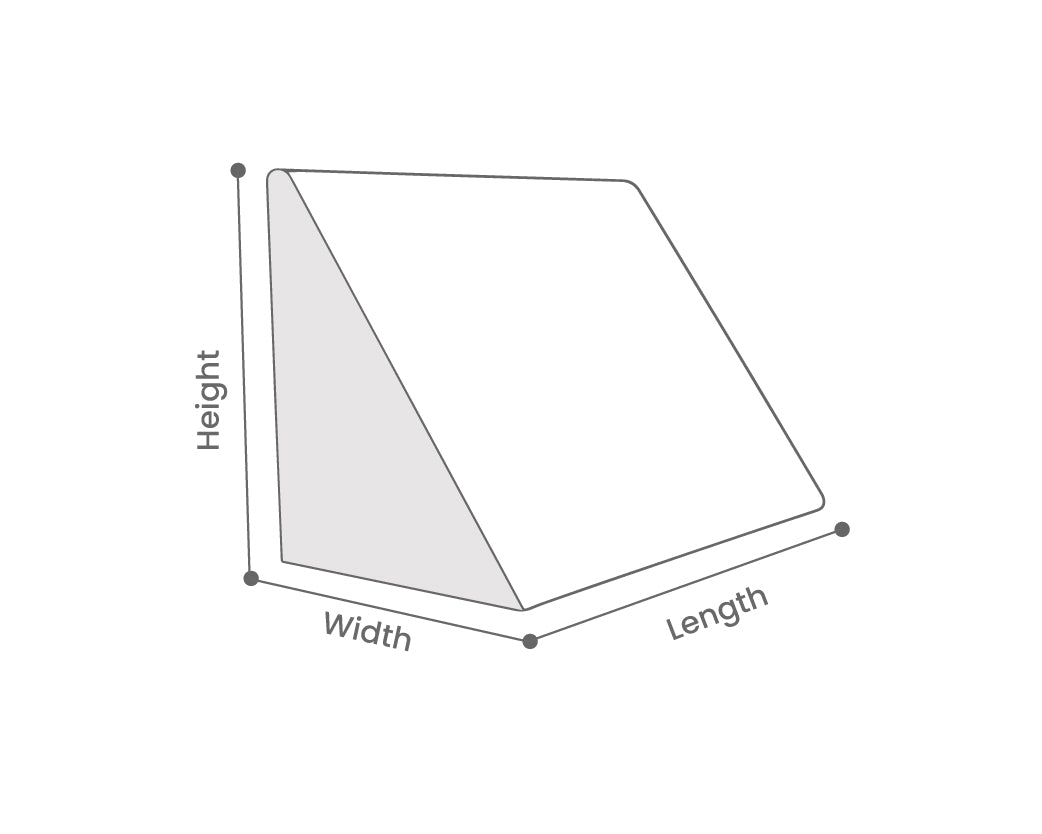 A simple line drawing of a rectangular block or box with labeled dimensions for height, width, and length on a white background.
