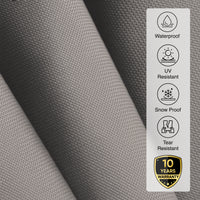 Custom oval table cover fabric close-up showing 18oz PVC material — waterproof, UV resistant, snow proof, tear resistant with 10-year warranty