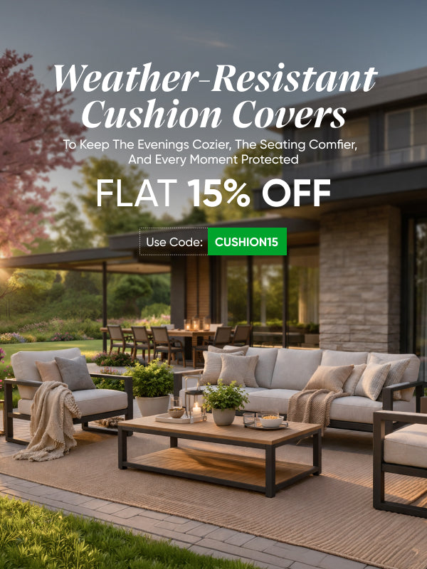 Weather-resistant cushion covers, a cozy evening set-up showing comfy seats