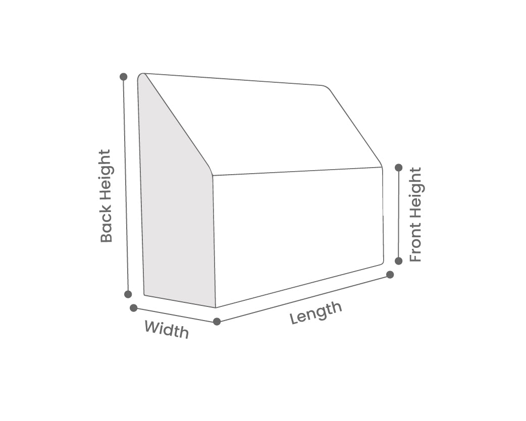 A simple line drawing of a rectangular box with a slanted triangular top, labeled with dimensions for back height, front height, width, and length on a white background.