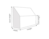 A simple line drawing of a rectangular box with a slanted triangular top, labeled with dimensions for back height, front height, width, and length on a white background.