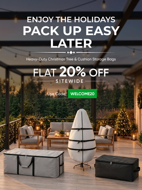 Christmas tree and cushion storage bags on a deck; Flat 20% off storage bags, code WELCOME20