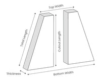 Diagram showing measurements of a rectangular prism including top width, bottom width, thickness, total length, cutout length, and dimensions.