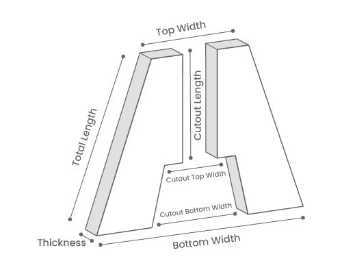 Diagram showing measurements of a geometric shape including top width, cutout length, total length, thickness, bottom width, and cutout top and bottom widths.