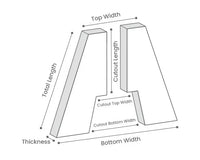 Diagram showing measurements of a geometric shape including top width, cutout length, total length, thickness, bottom width, and cutout top and bottom widths.