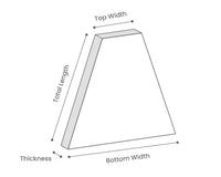 Diagram showing measurements of a triangular object including top width, total length, thickness, and bottom width.