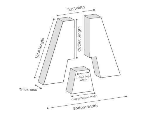 A black-and-white dimensional diagram showing the measurements of a decorative letter A, including total length, top width, thickness, cutout length, cutout top width, and bottom width.