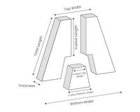 A black-and-white dimensional diagram showing the measurements of a decorative letter A, including total length, top width, thickness, cutout length, cutout top width, and bottom width.