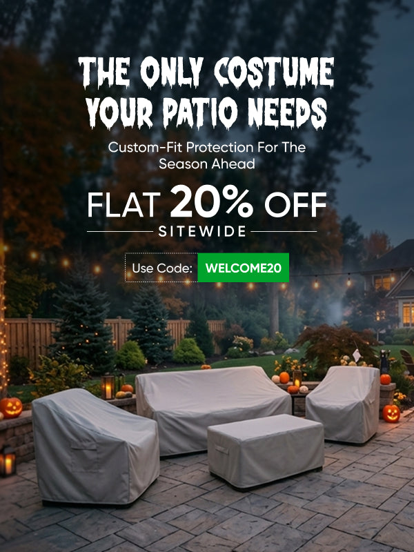 Custom-fit ZIPCovers on patio furniture and grill in a Halloween backyard with pumpkins and string lights, 20% off sitewide