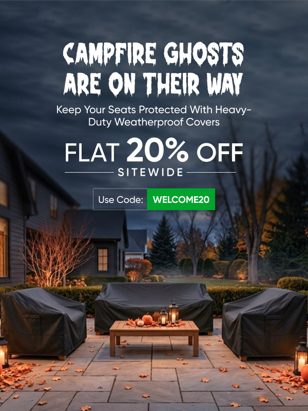 Patio furniture covers at night among jack-o’-lanterns; Flat 20% off weatherproof covers, code WELCOME20