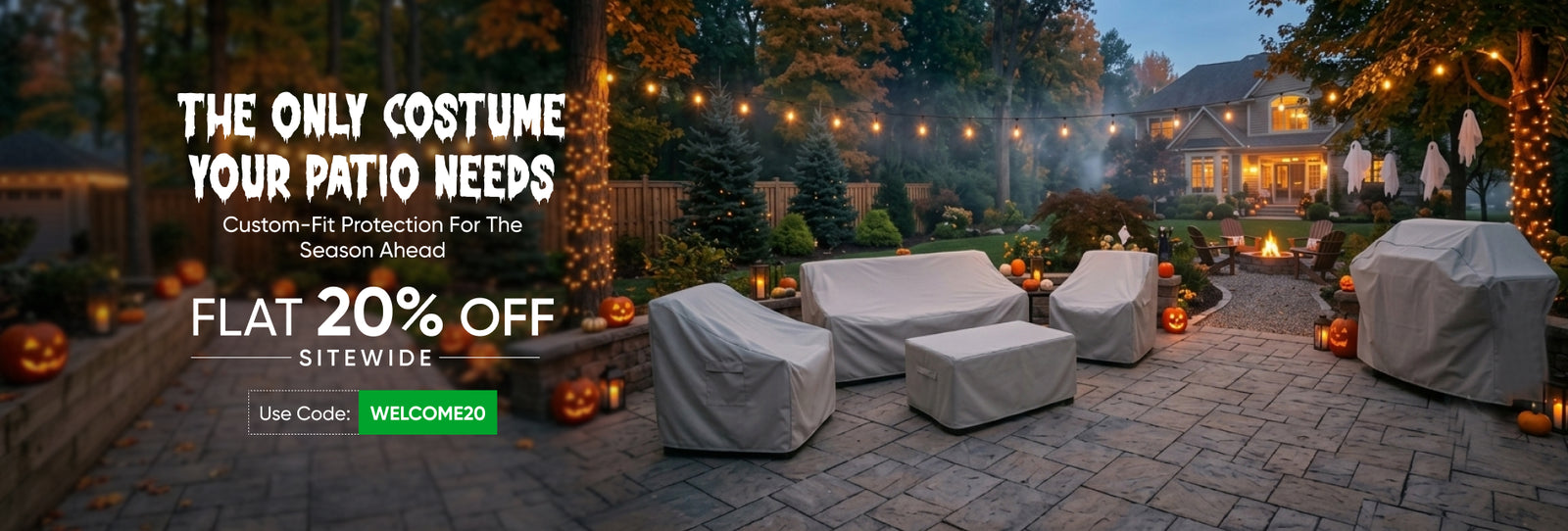 Custom-fit ZIPCovers on patio furniture and grill in a Halloween backyard with pumpkins and string lights, 20% off sitewide
